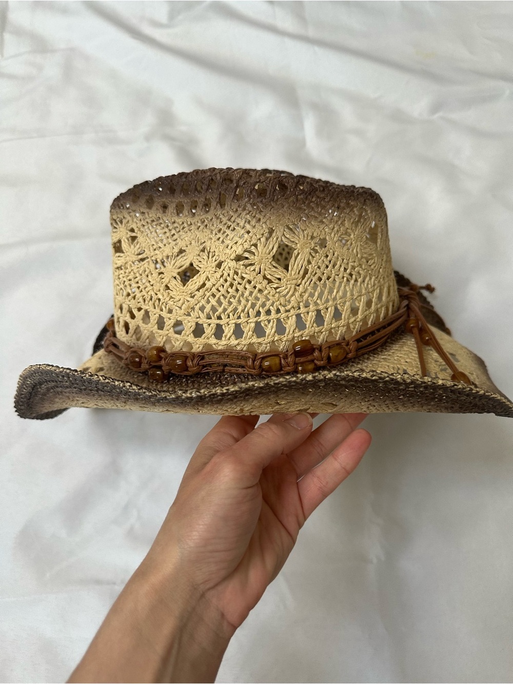 Woven Straw Western Cowboy Hat with Beaded Leather Band - Brown Ombre - Picture 3 of 12